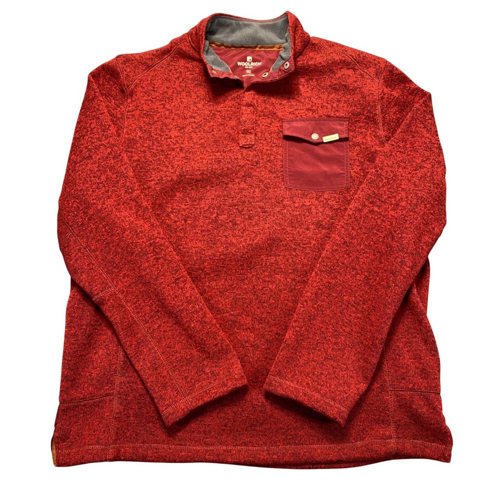 Woolrich Mens XL Red Heathered Fleece Lined Snap Mock Neck Pullover Sweater